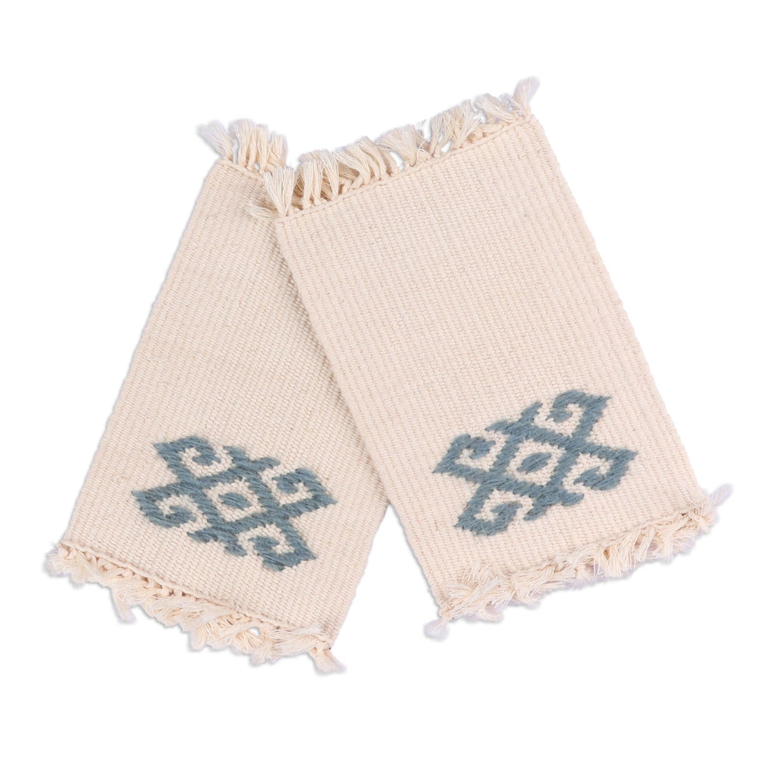 2 Handwoven Ivory Cotton Coasters with Wool Hand Embroidery - Traditions in Ivory