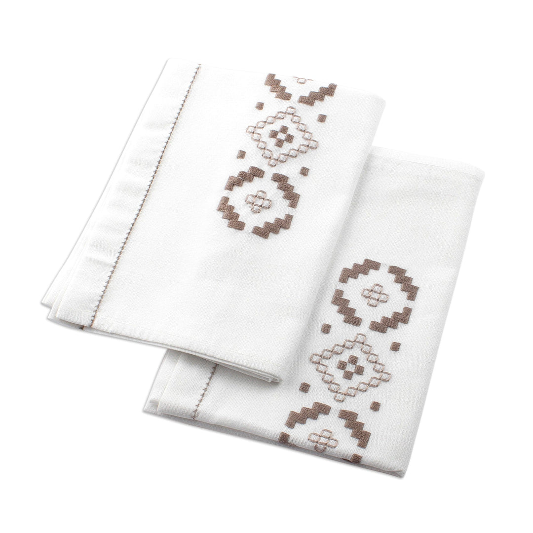 Embroidered Brown and White Cotton Tea Towels (Pair) - Cocoa Diamonds