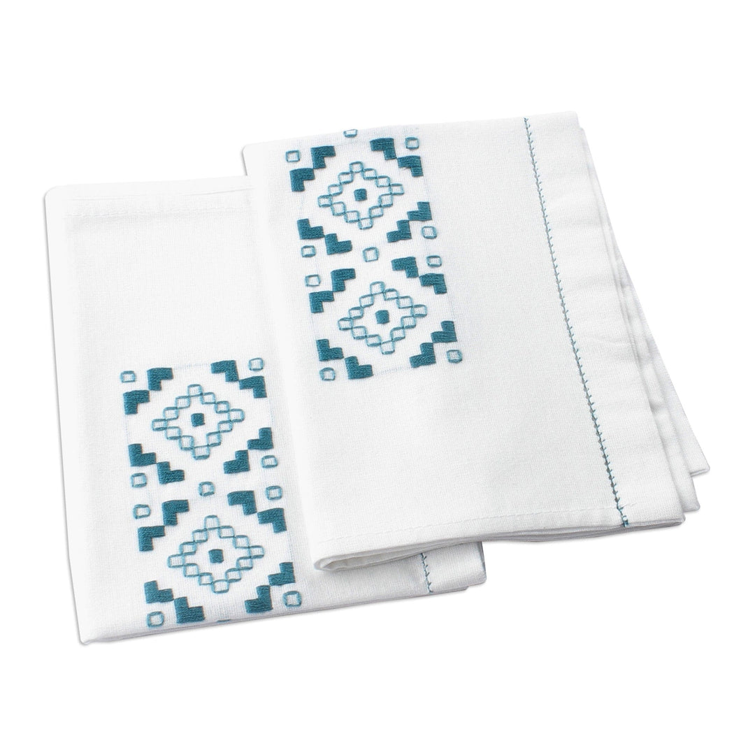 Geometric Embroidered Turquoise Cotton Tea Towels (Pair) - Ijevan Dreams