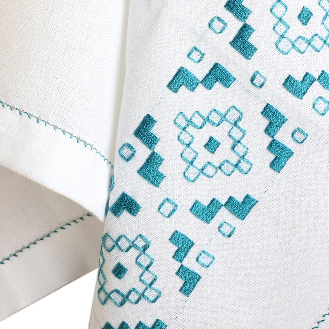Geometric Embroidered Turquoise Cotton Tea Towels (Pair) - Ijevan Dreams