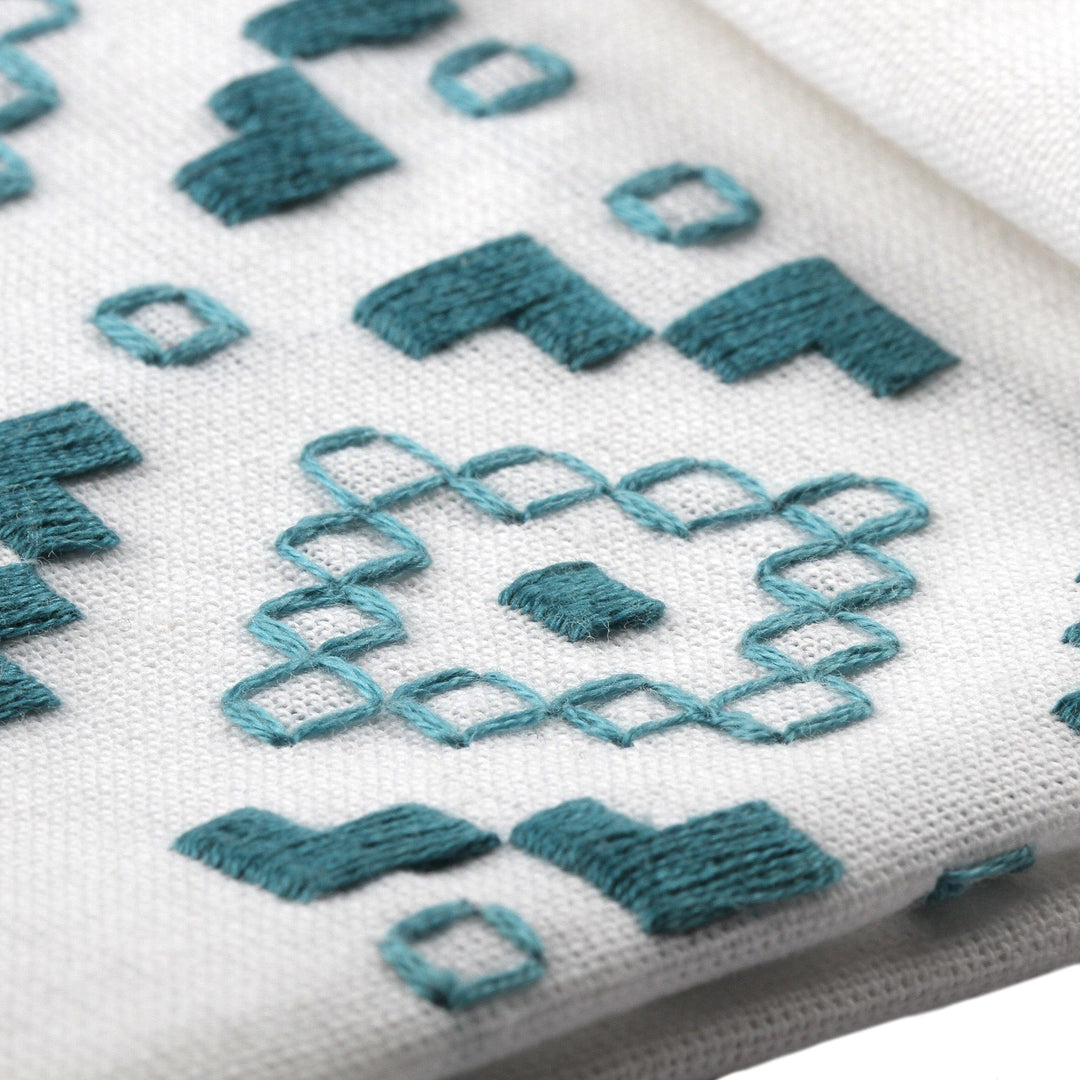 Geometric Embroidered Turquoise Cotton Tea Towels (Pair) - Ijevan Dreams
