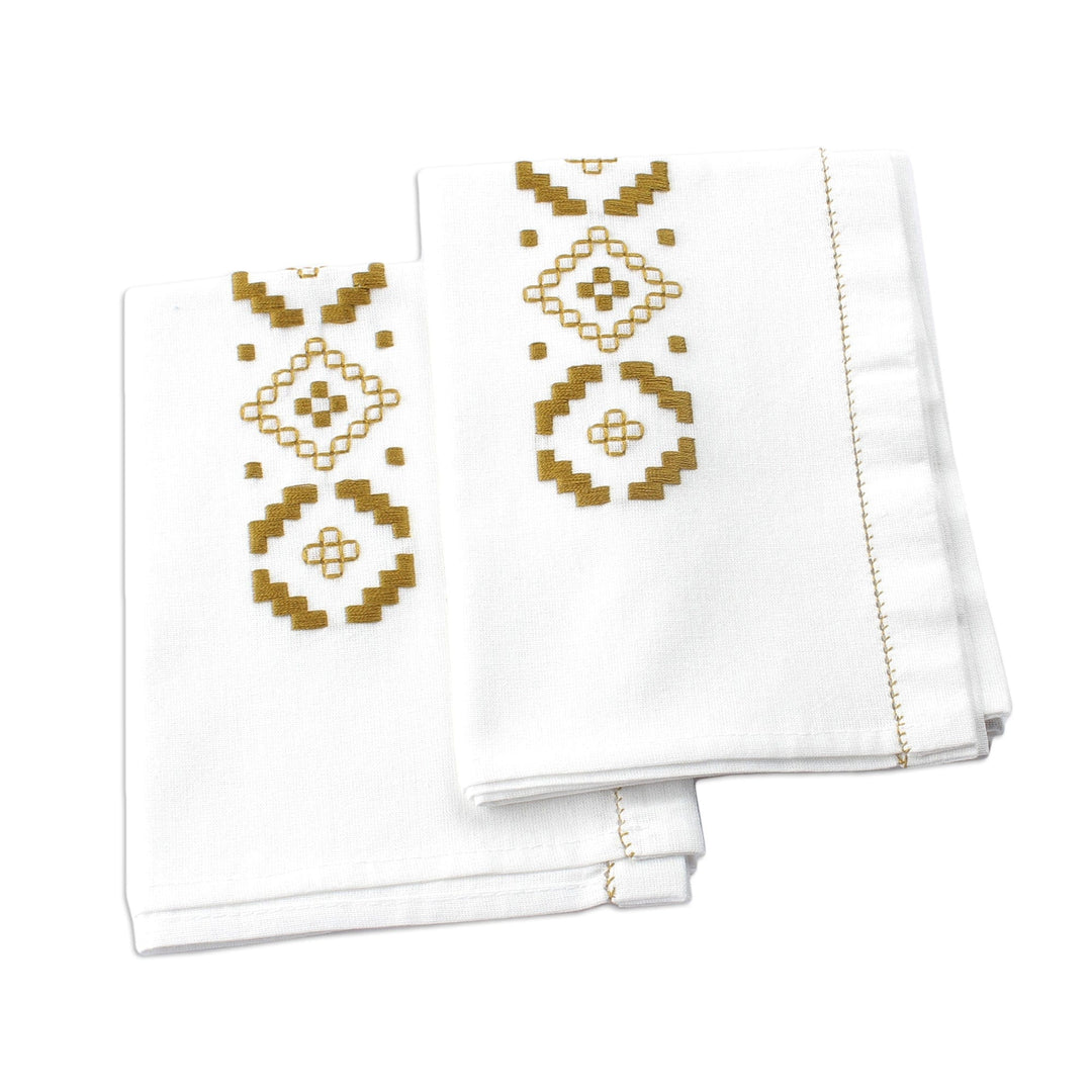 Embroidered Golden and White Cotton Tea Towels (Pair) - Treasure Diamonds