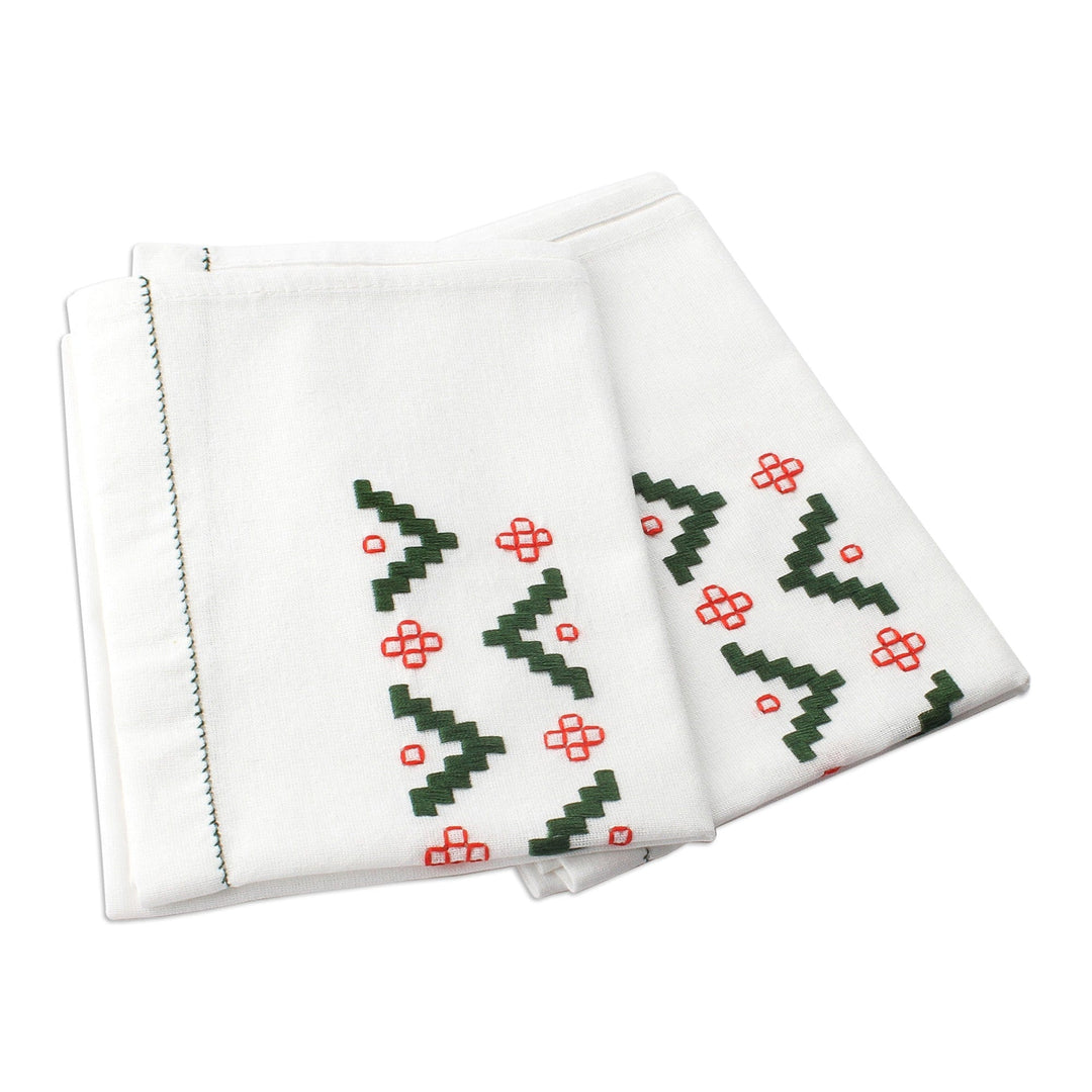 Pair of Embroidered Red and Green Cotton Tea Towels - Green Directions