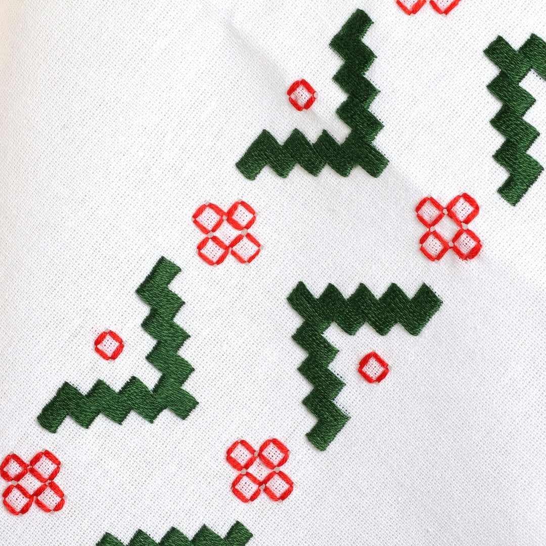 Pair of Embroidered Red and Green Cotton Tea Towels - Green Directions