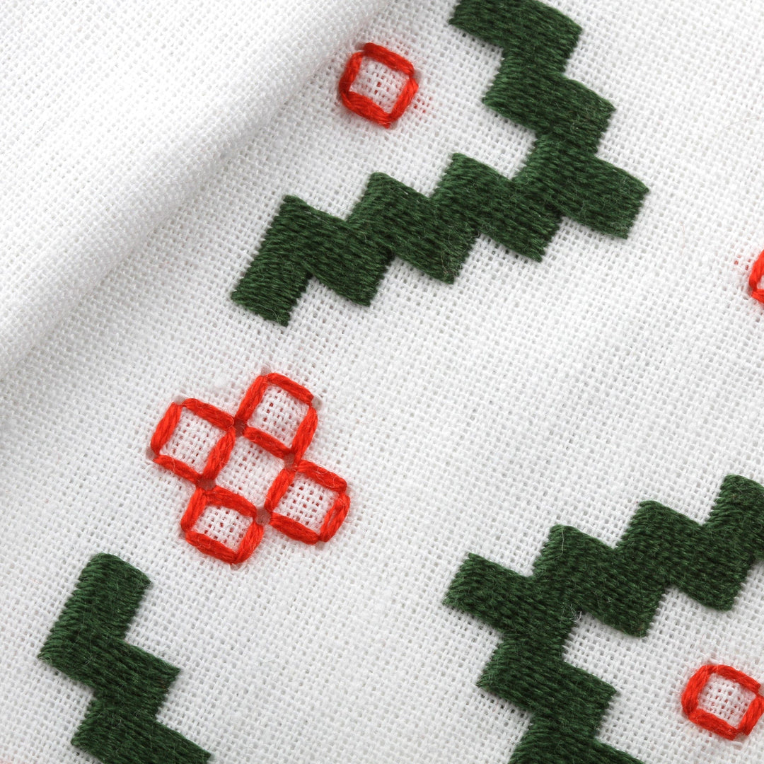 Pair of Embroidered Red and Green Cotton Tea Towels - Green Directions