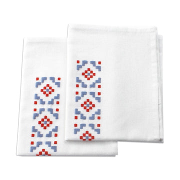 Geometric Embroidered Blue and Red Cotton Tea Towels (Pair) - Intense Dreams