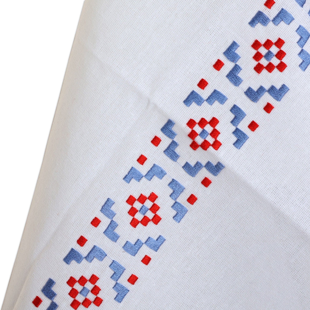 Geometric Embroidered Blue and Red Cotton Tea Towels (Pair) - Intense Dreams