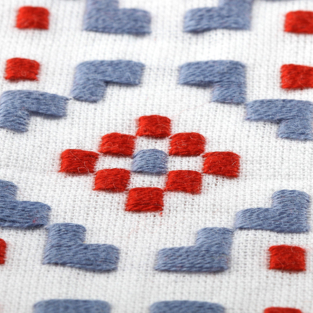 Geometric Embroidered Blue and Red Cotton Tea Towels (Pair) - Intense Dreams