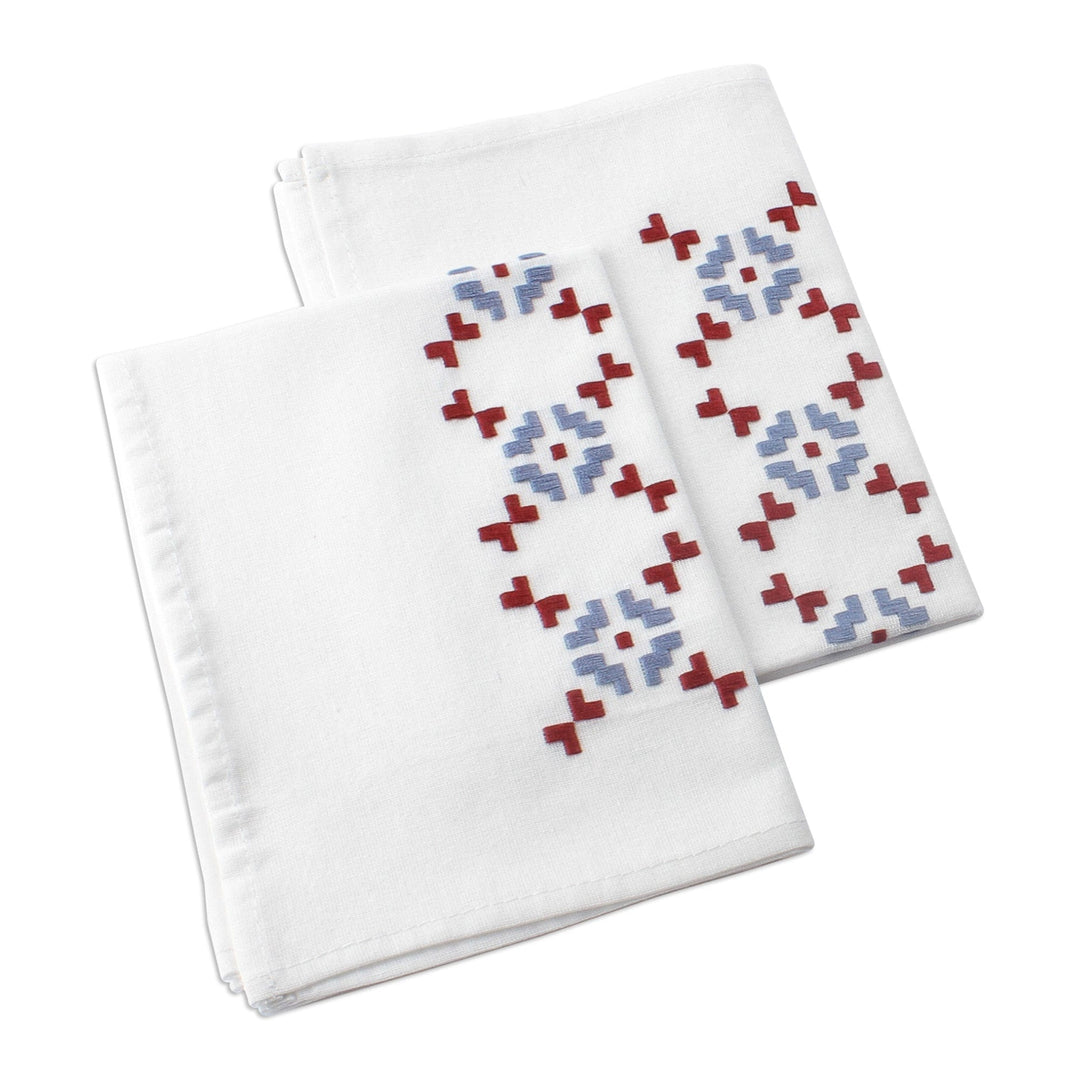 Pair of Embroidered Red and Blue Cotton Tea Towels - Royal Serenity