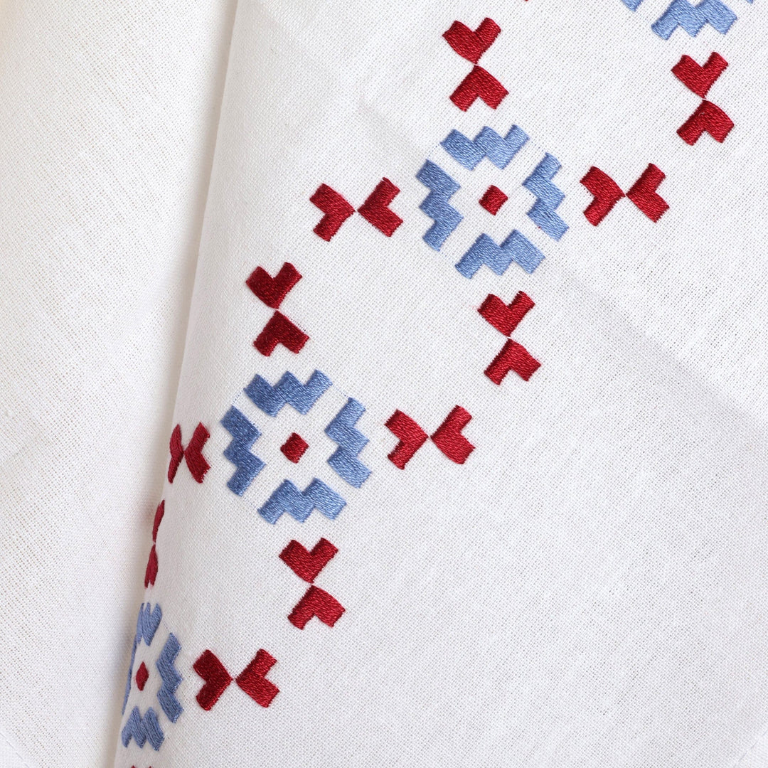 Pair of Embroidered Red and Blue Cotton Tea Towels - Royal Serenity