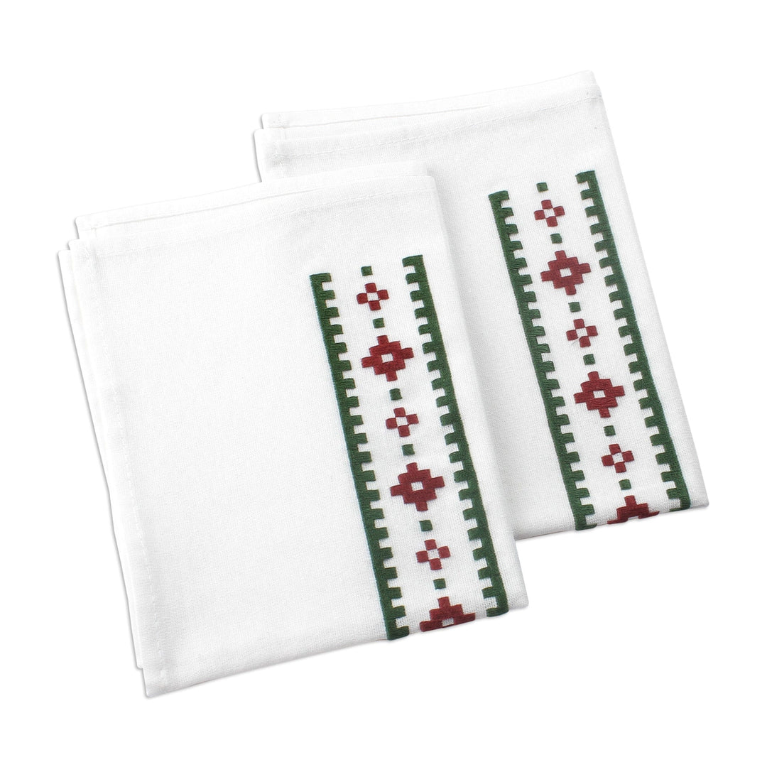 Geometric Green and Burgundy Cotton Tea Towels (Pair) - Burgundy Paths