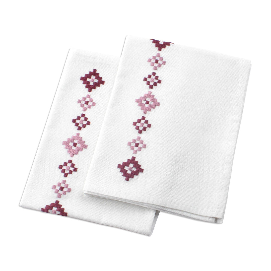Geometric Embroidered Burgundy Cotton Tea Towels (Pair) - Burgundy Sparkles
