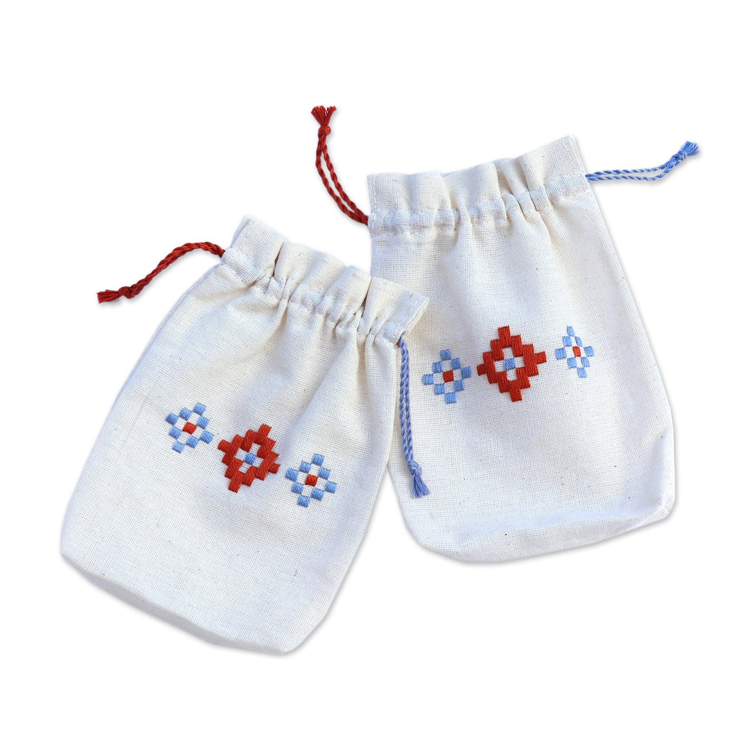 Set of 2 Embroidered Cotton Pouches from Armenia - Indigo and Caramel