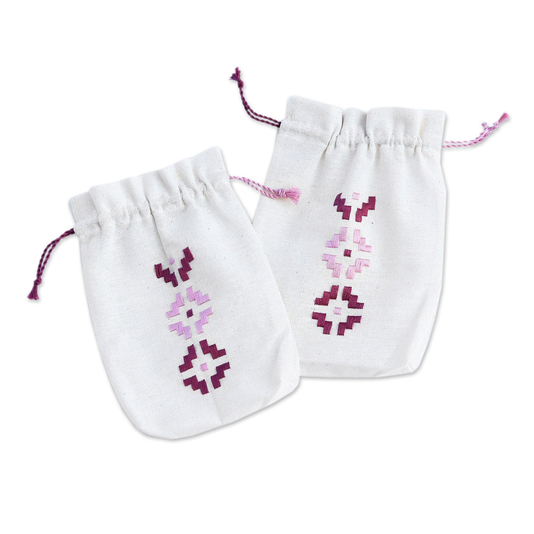 Set of 2 Embroidered Cotton Pouches from Armenia - Rose