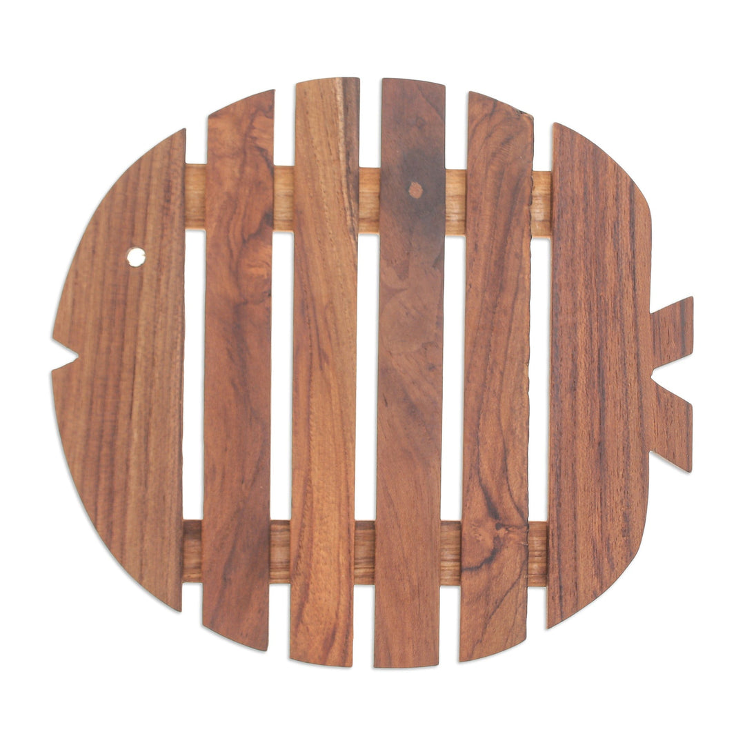 Fish-Shaped Teak Wood Pot Stand Handcrafted in Thailand - Marine Banquet