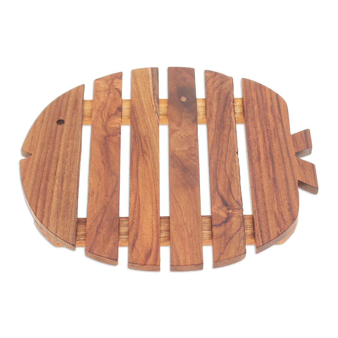 Fish-Shaped Teak Wood Pot Stand Handcrafted in Thailand - Marine Banquet