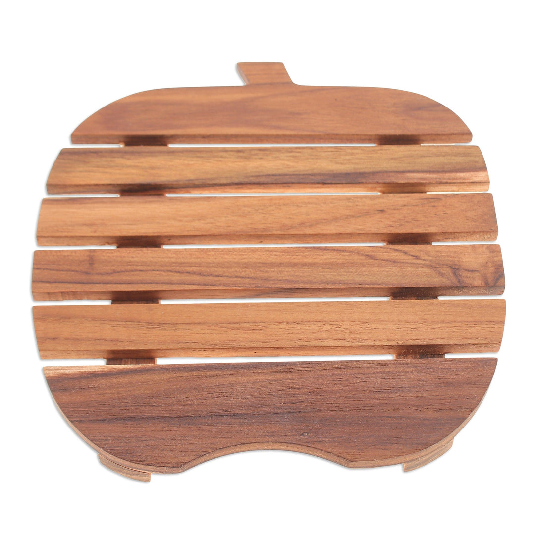Apple-Shaped Teak Wood Pot Stand Handcrafted in Thailand - Fruitful Banquet