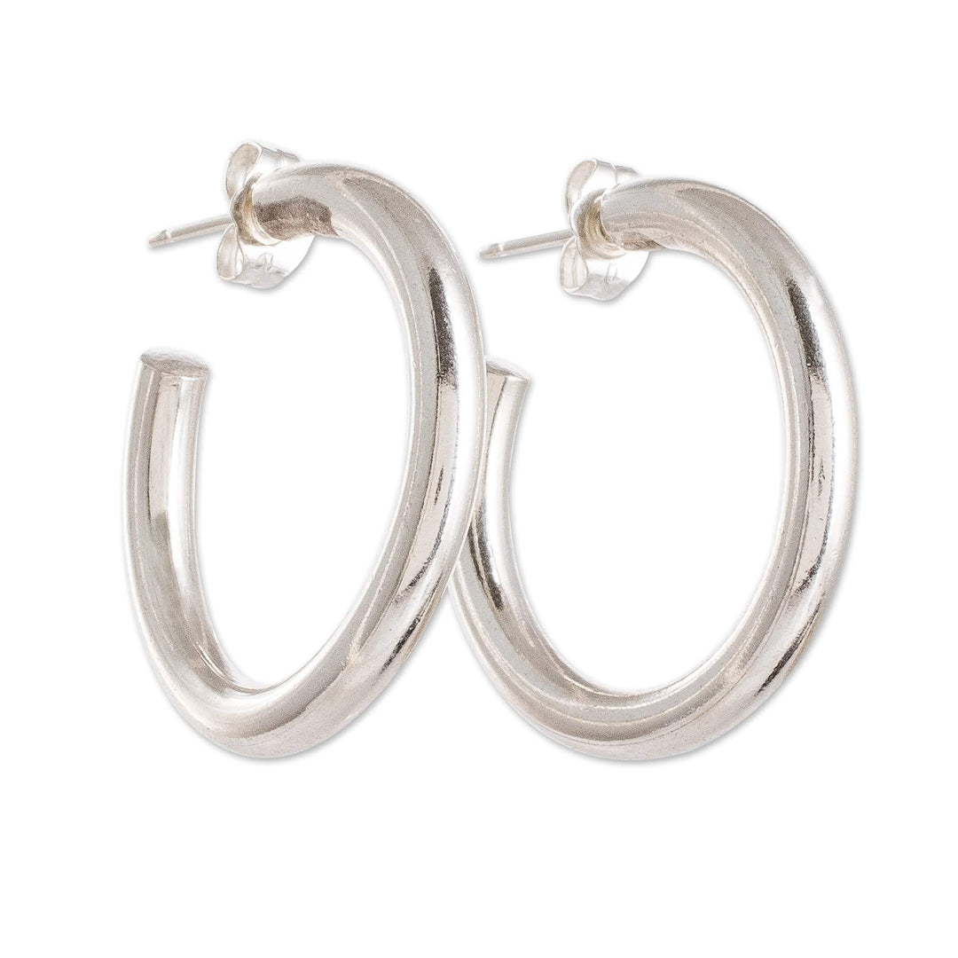 Guatemalan Polished Sterling Silver Half-Hoop Earrings - Lustrous Moon