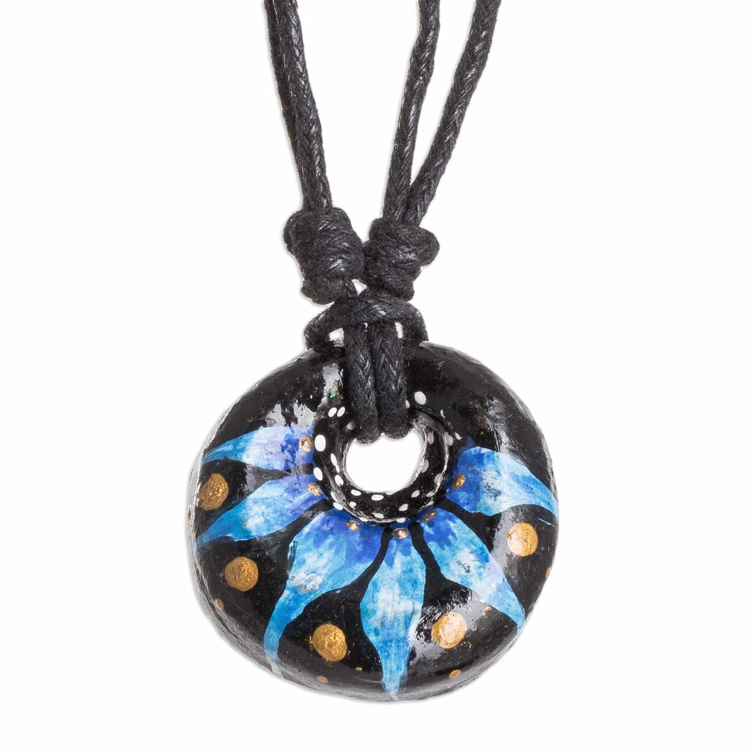 Floral Adjustable Painted Ceramic Pendant Necklace in Blue - Night's Blue Grace