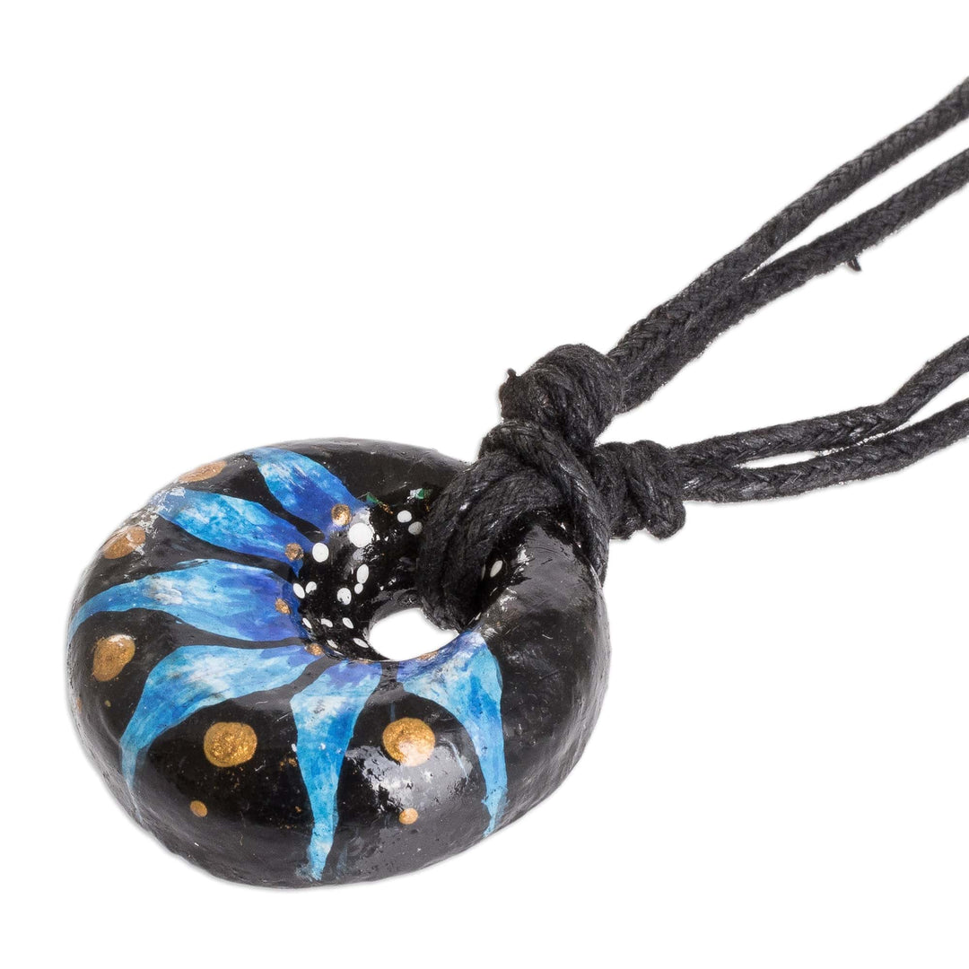 Floral Adjustable Painted Ceramic Pendant Necklace in Blue - Night's Blue Grace