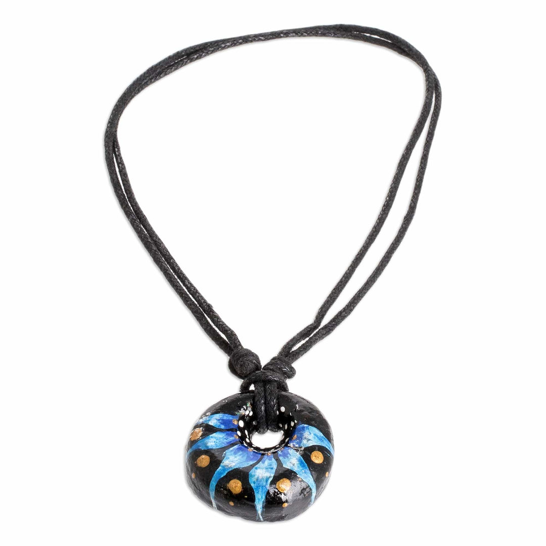 Floral Adjustable Painted Ceramic Pendant Necklace in Blue - Night's Blue Grace