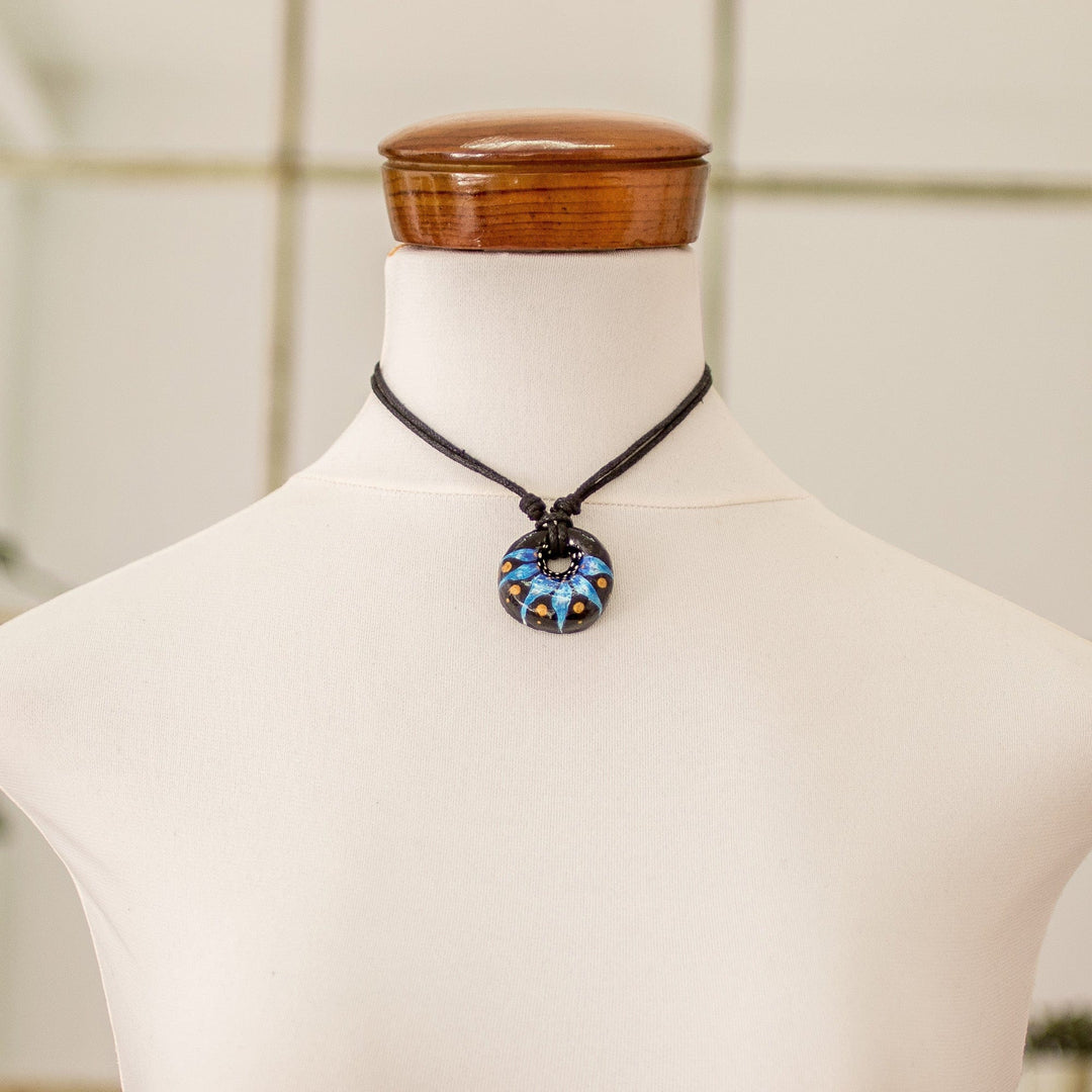 Floral Adjustable Painted Ceramic Pendant Necklace in Blue - Night's Blue Grace