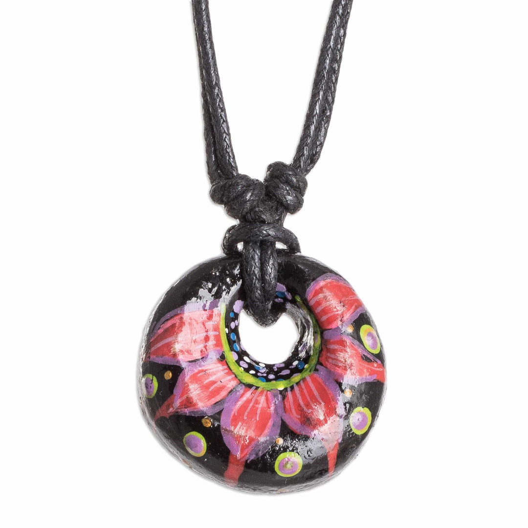 Floral Adjustable Painted Ceramic Pendant Necklace in Red - Night's Red Grace