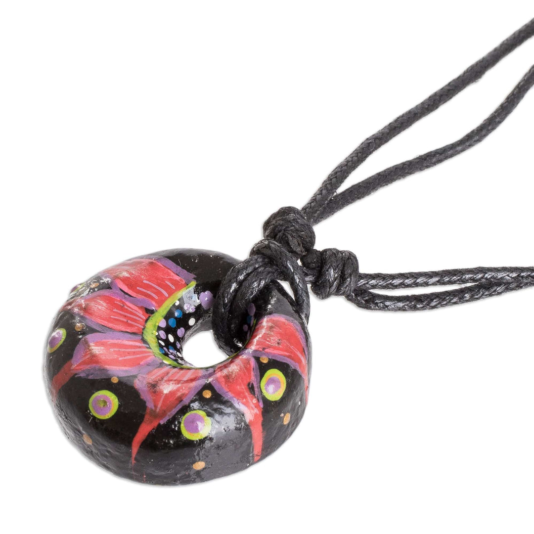 Floral Adjustable Painted Ceramic Pendant Necklace in Red - Night's Red Grace