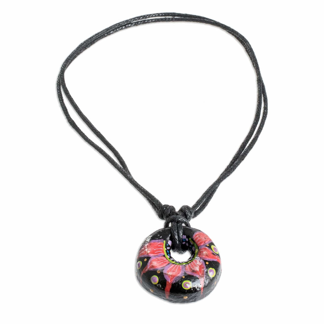 Floral Adjustable Painted Ceramic Pendant Necklace in Red - Night's Red Grace
