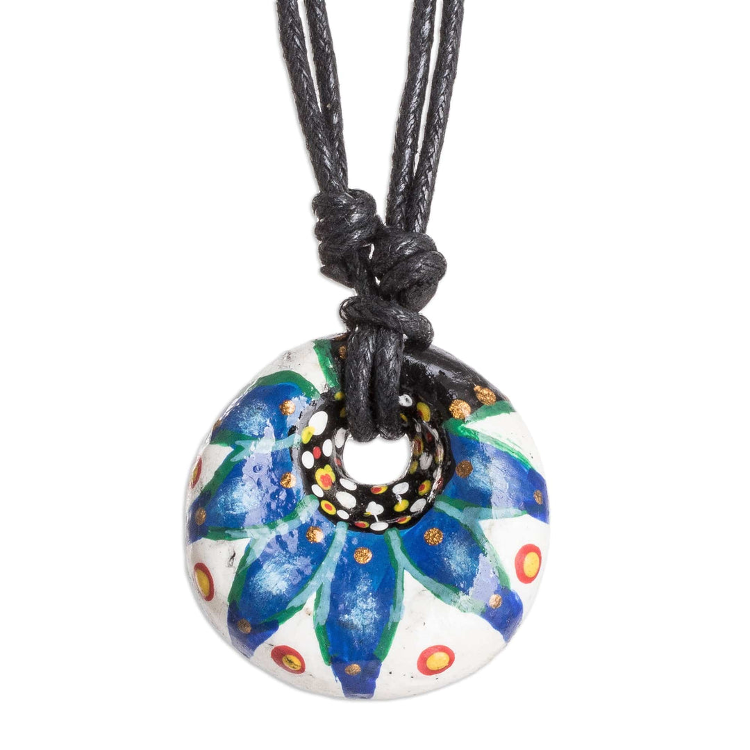 Blue Ceramic Pendant Necklace with Adjustable Cotton Cord - Heaven's Blue Grace