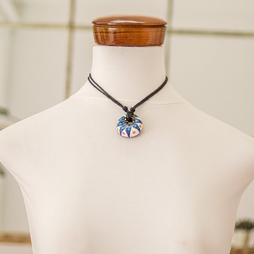 Blue Ceramic Pendant Necklace with Adjustable Cotton Cord - Heaven's Blue Grace