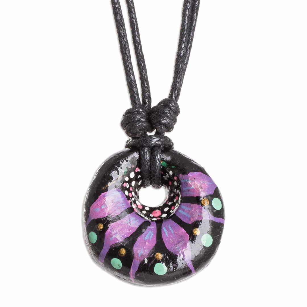 Floral Adjustable Painted Ceramic Pendant Necklace in Purple - Night's Purple Grace