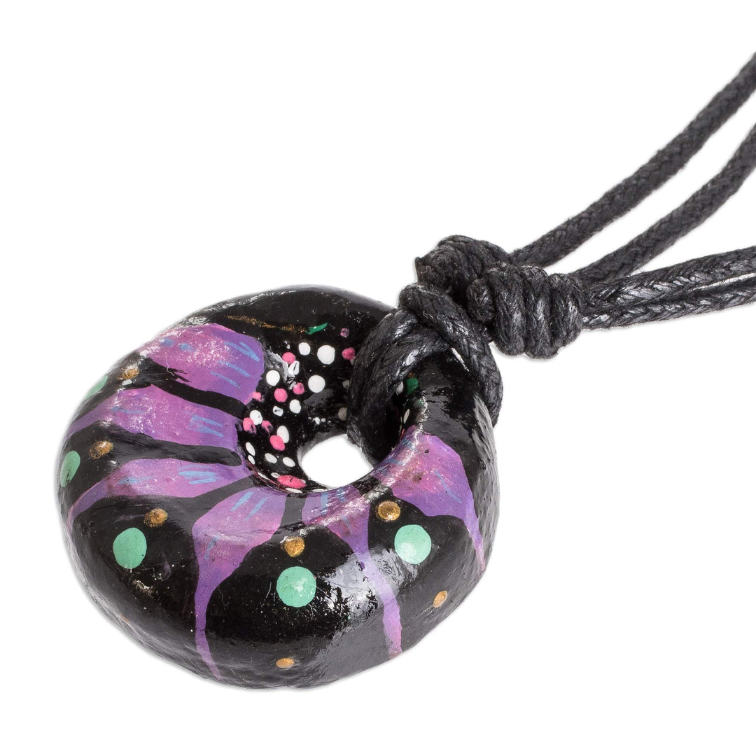 Floral Adjustable Painted Ceramic Pendant Necklace in Purple - Night's Purple Grace