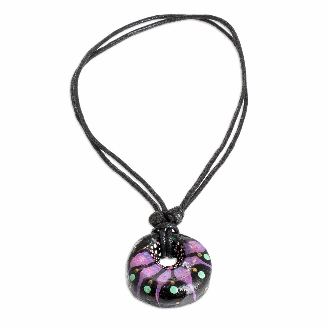 Floral Adjustable Painted Ceramic Pendant Necklace in Purple - Night's Purple Grace