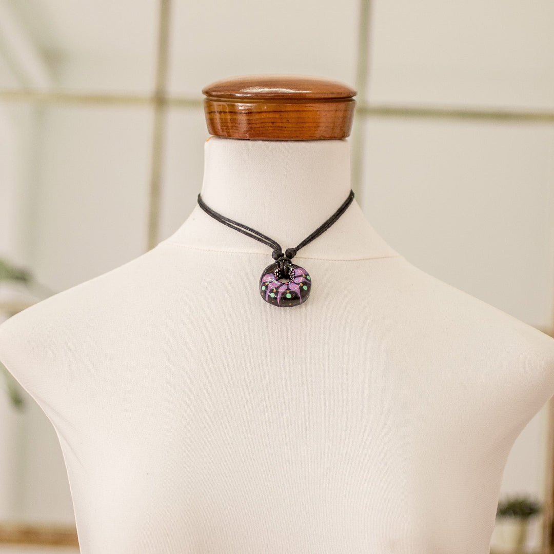 Floral Adjustable Painted Ceramic Pendant Necklace in Purple - Night's Purple Grace