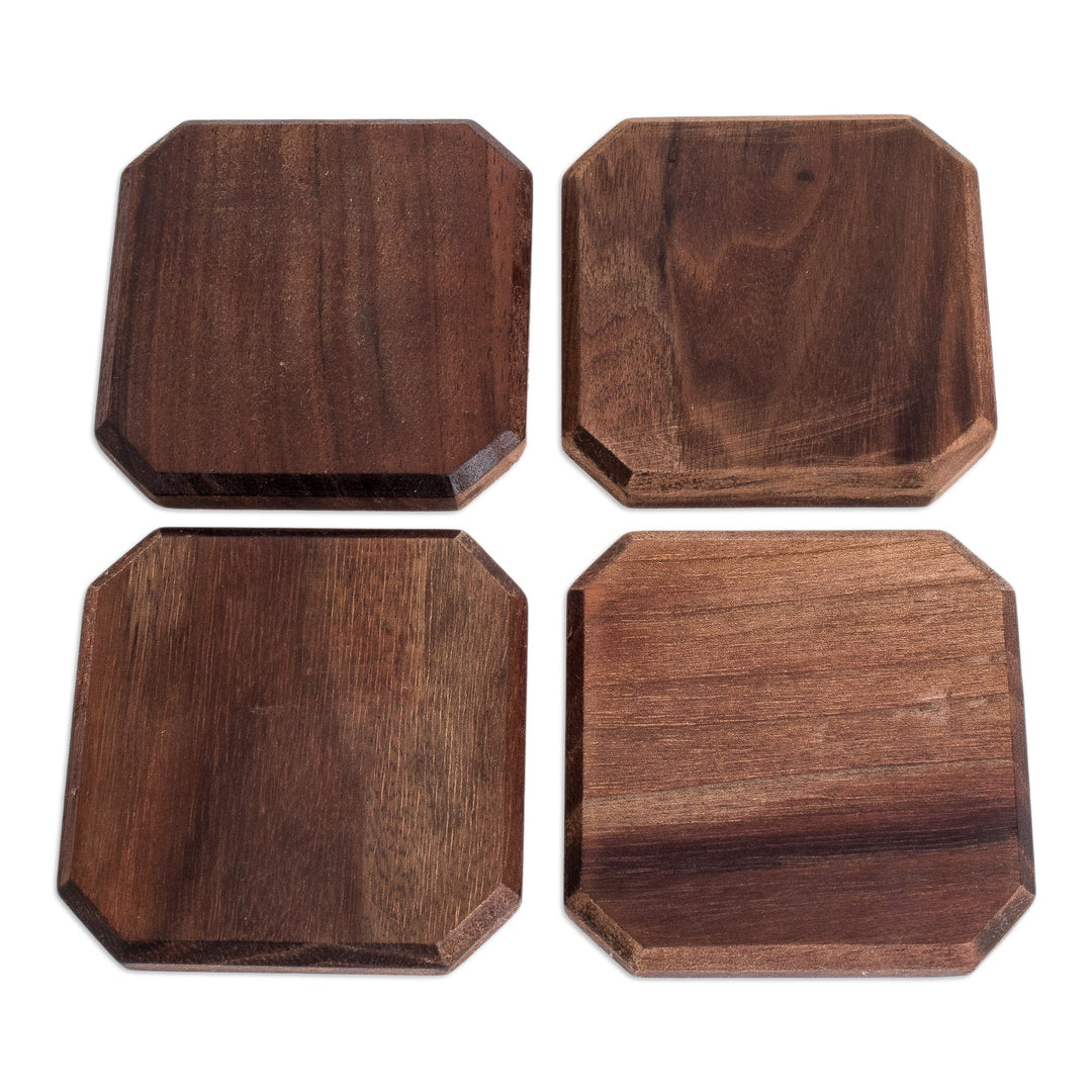 Set of 4 Hand-Carved Geometric Walnut Wood Coasters - Wisdom Stage