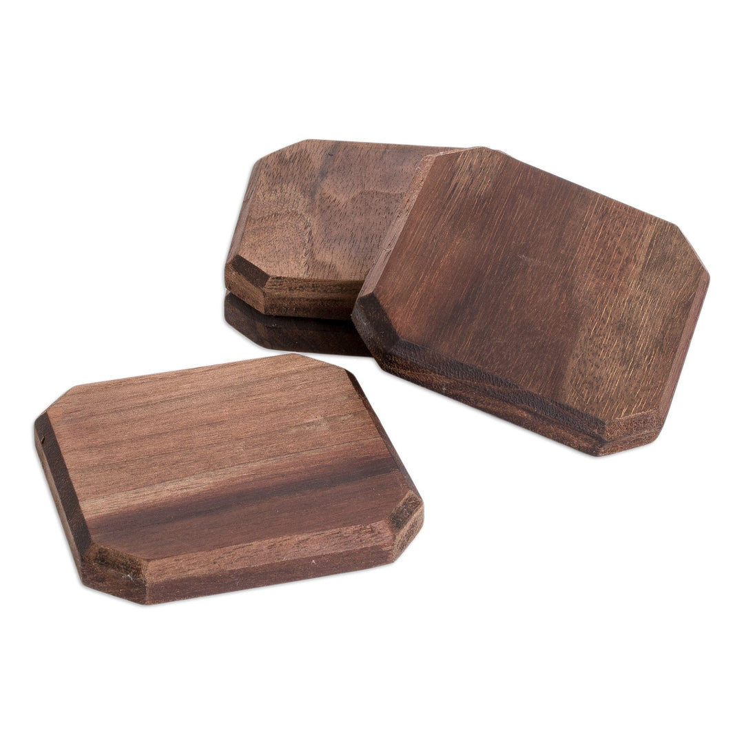 Set of 4 Hand-Carved Geometric Walnut Wood Coasters - Wisdom Stage