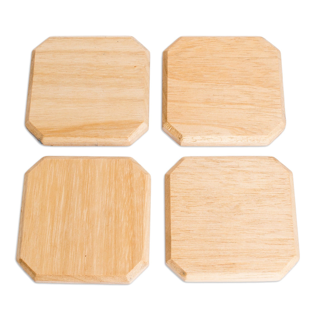 Set of 4 Hand-Carved Geometric Palo Blanco Wood Coasters - Prosperity Stage