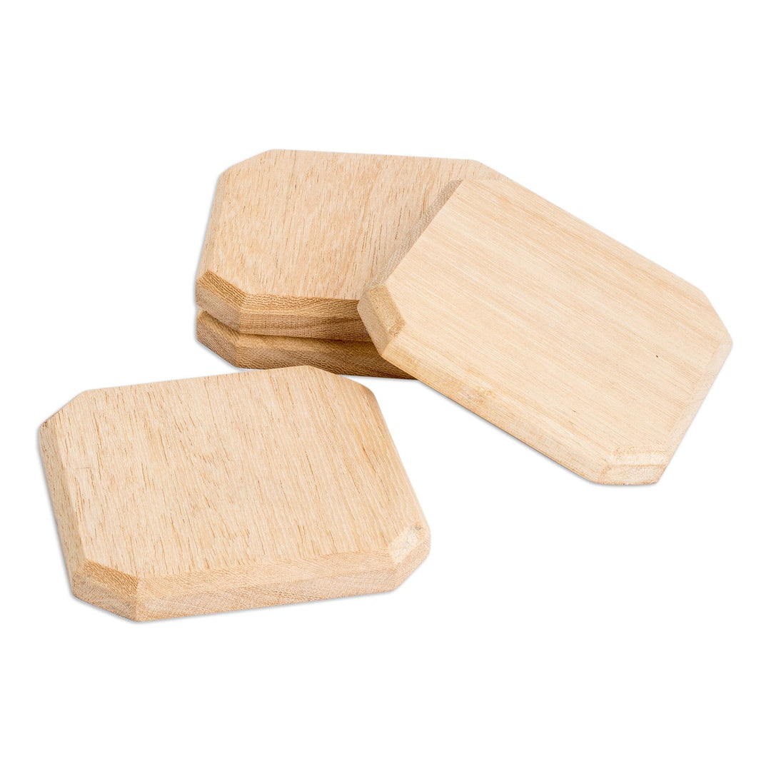 Set of 4 Hand-Carved Geometric Palo Blanco Wood Coasters - Prosperity Stage