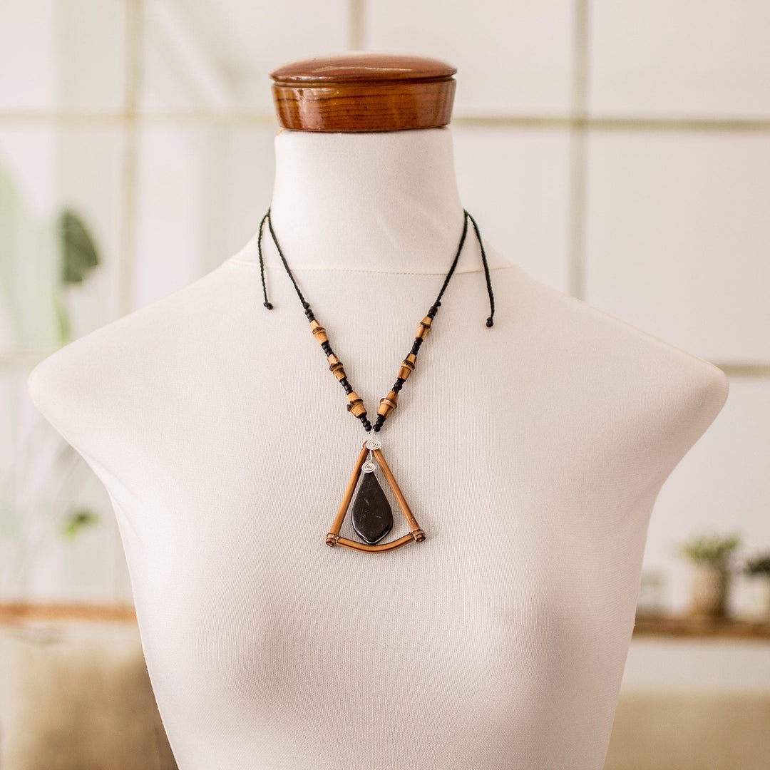Handmade Black Jade and Bamboo Beaded Pendant Necklace - Natural Radiance