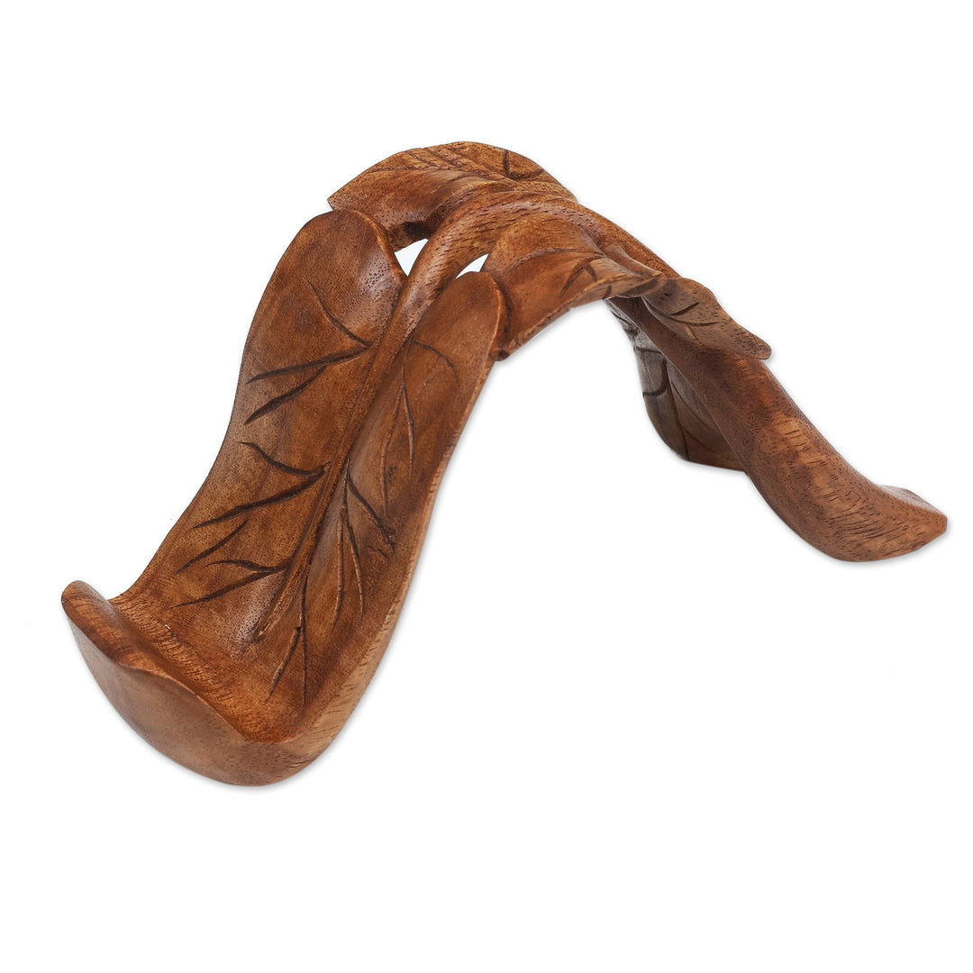 Wood Phone Stand with Leaf Motif Hand-Carved in Bali - Tropical Leaves