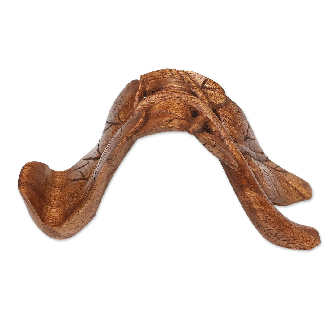 Wood Phone Stand with Leaf Motif Hand-Carved in Bali - Tropical Leaves