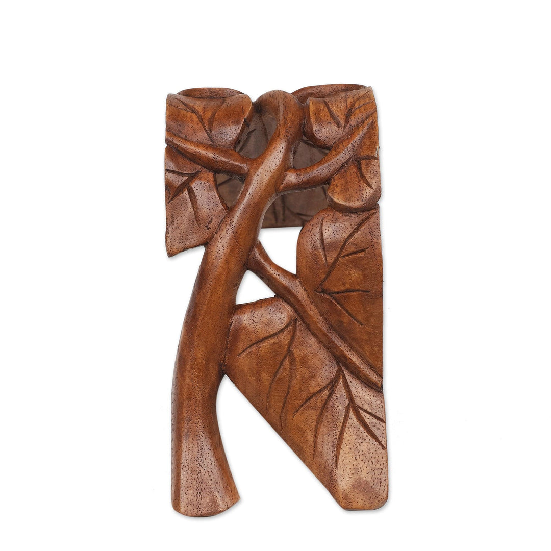 Wood Phone Stand with Leaf Motif Hand-Carved in Bali - Tropical Leaves