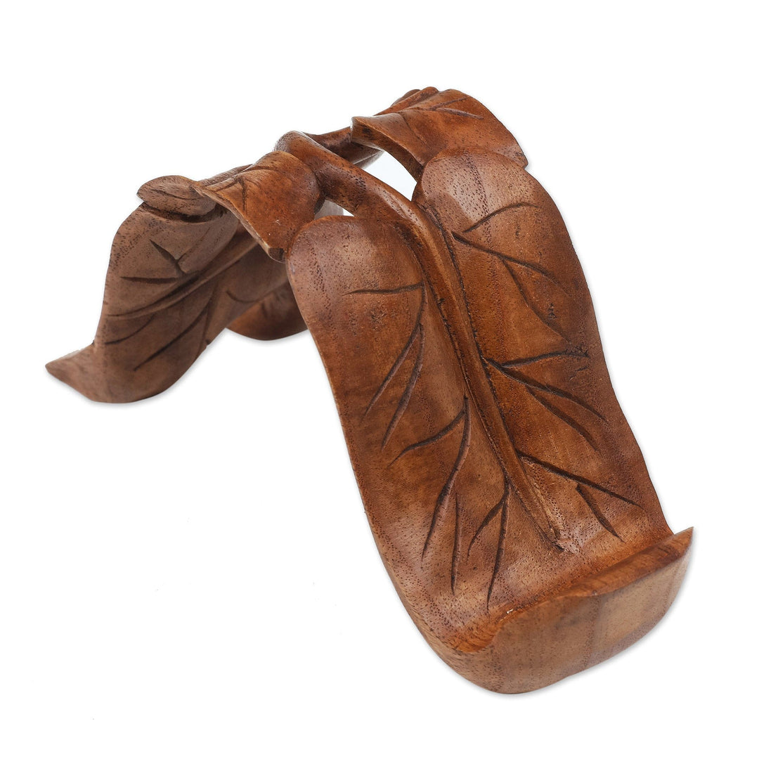 Wood Phone Stand with Leaf Motif Hand-Carved in Bali - Tropical Leaves