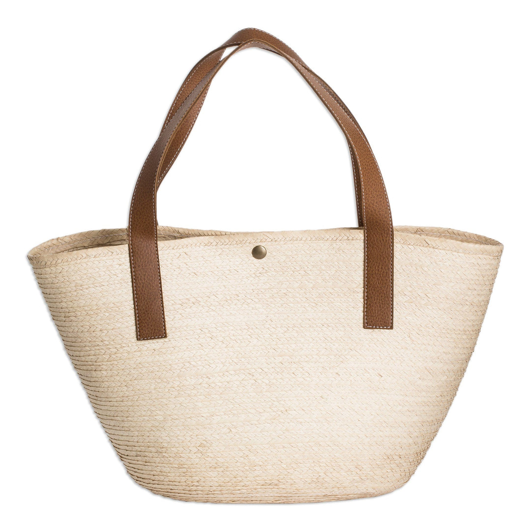 Faux-Leather Accented Beige Natural Fiber Shoulder Bag - El Zonte Beach