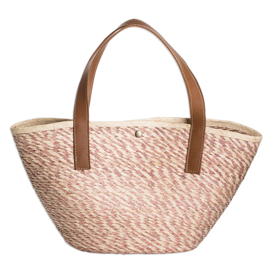 Handcrafted Beige and Pink Natural Fiber Shoulder Bag - Las Flores Beach