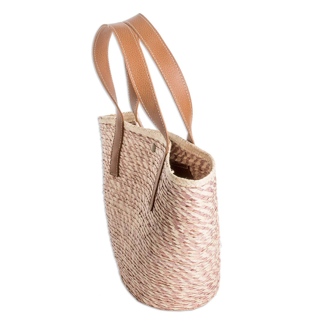 Handcrafted Beige and Pink Natural Fiber Shoulder Bag - Las Flores Beach