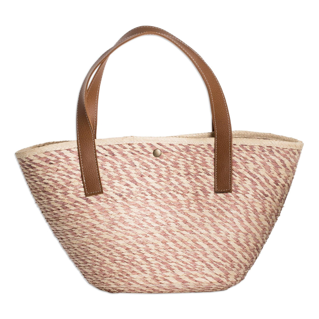 Handcrafted Beige and Pink Natural Fiber Shoulder Bag - Las Flores Beach