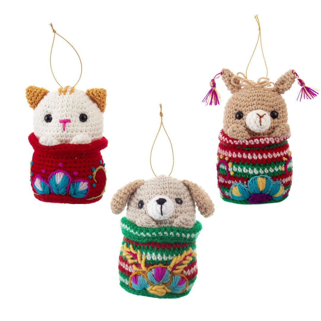 3 Crocheted Dog Cat and Llama Ornaments with Hand Embroidery - Friendly Trio