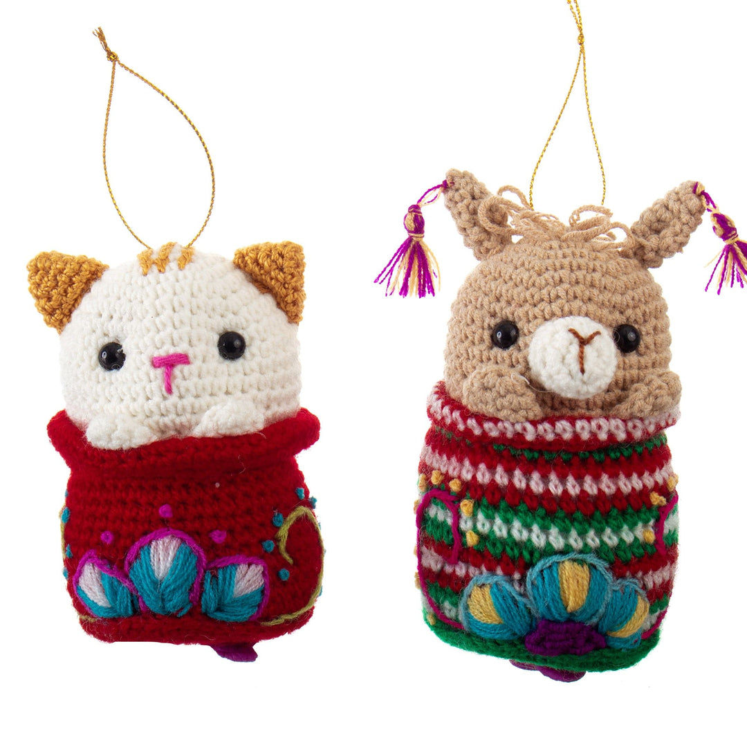 3 Crocheted Dog Cat and Llama Ornaments with Hand Embroidery - Friendly Trio